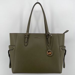 MICHAEL Michael Kors Gilly Large Drawstring Travel Tote Olive Green Leather New